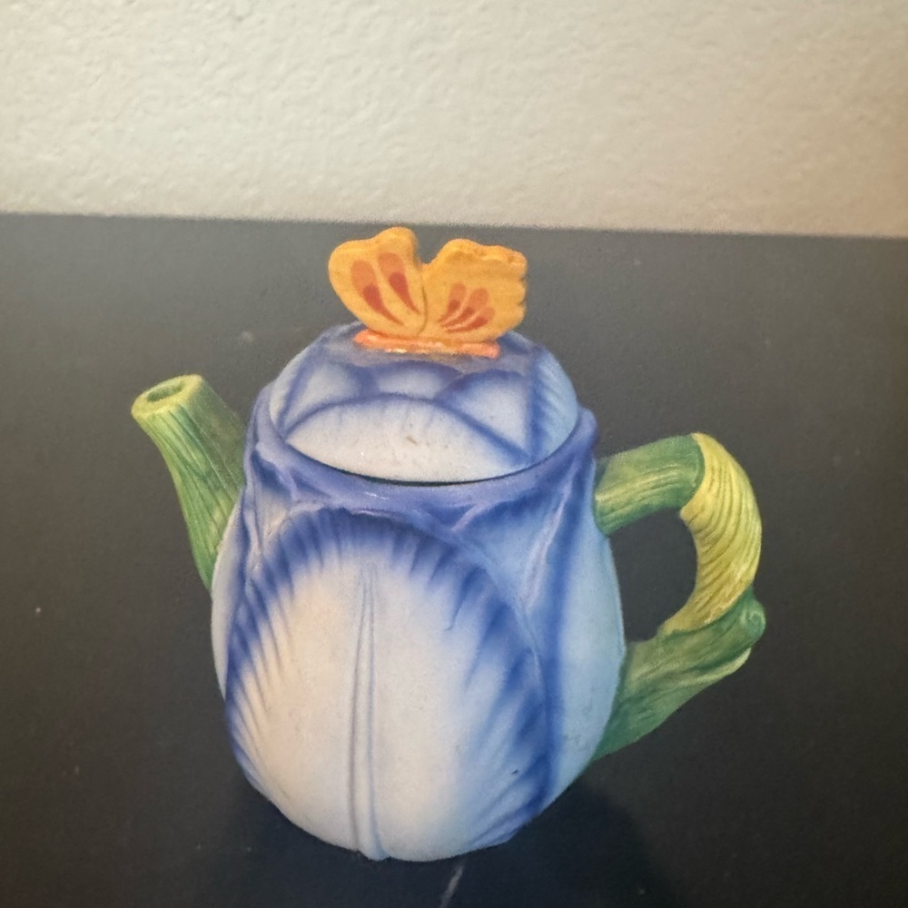 Avon Floral Blue and Green Teapot with Butterfly Lid